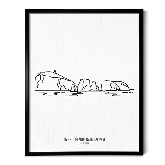 A line art drawing of Channel Islands National Park on white linen paper in a thin black picture frame