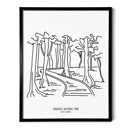 A line art drawing of Congaree National Park on white linen paper in a thin black picture frame