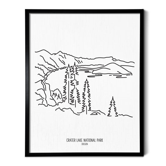 A line art drawing of Crater Lake National Park on white linen paper in a thin black picture frame