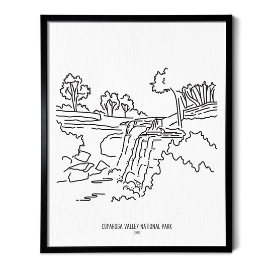A line art drawing of Cuyahoga Valley National Park on white linen paper in a thin black picture frame