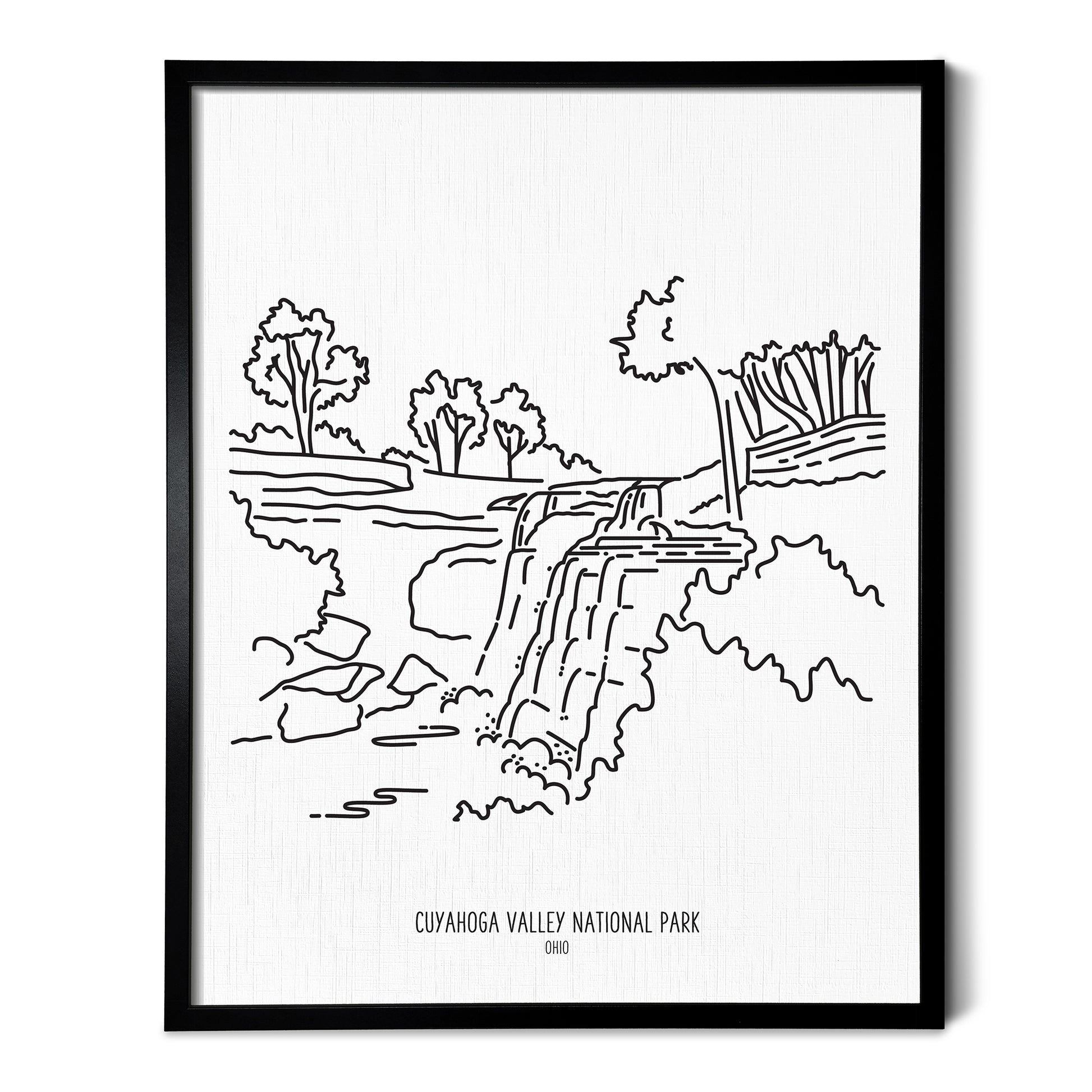 A line art drawing of Cuyahoga Valley National Park on white linen paper in a thin black picture frame