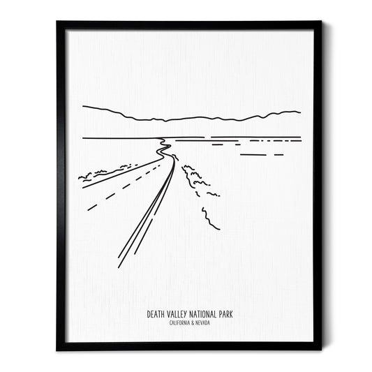A line art drawing of Death Valley National Park on white linen paper in a thin black picture frame