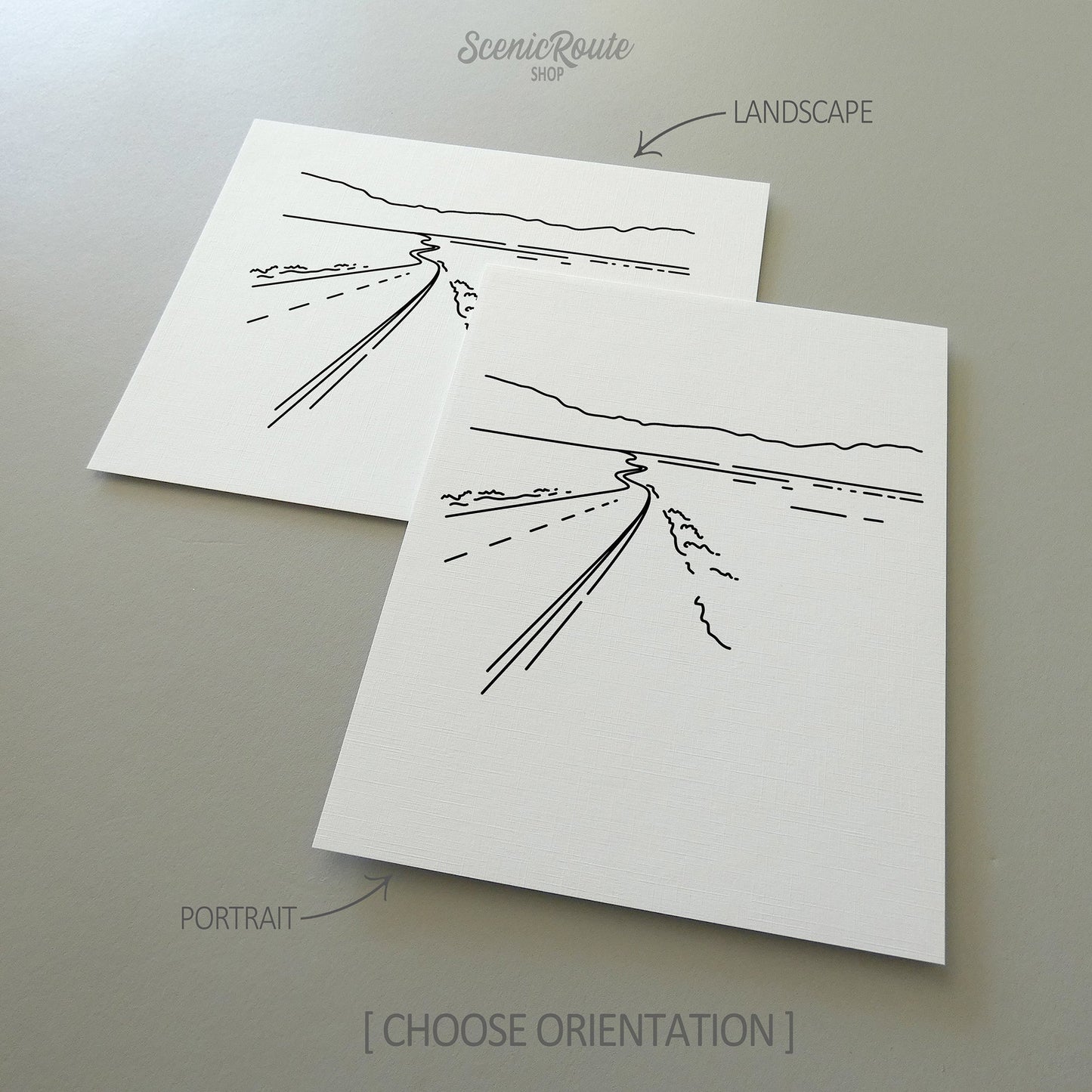 Two line art drawings of Death Valley National Park on white linen paper with a gray background.  The pieces are shown in portrait and landscape orientation for the available art print options.