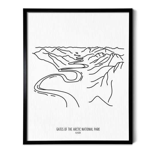 A line art drawing of Gates of the Arctic National Park on white linen paper in a thin black picture frame