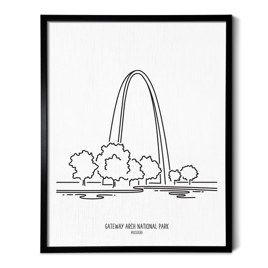 A line art drawing of Gateway Arch National Park on white linen paper in a thin black picture frame