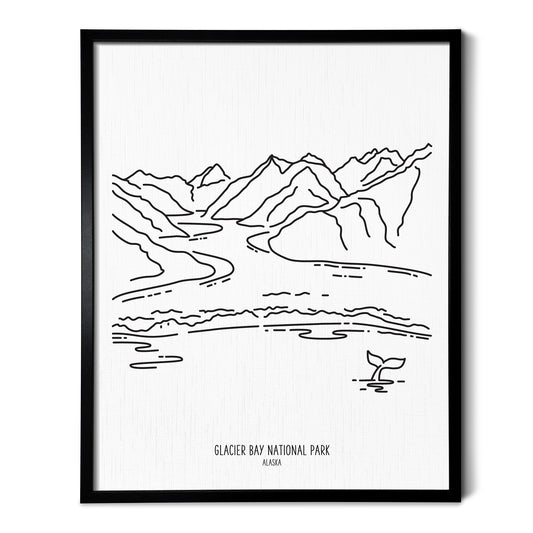 A line art drawing of Glacier Bay National Park on white linen paper in a thin black picture frame