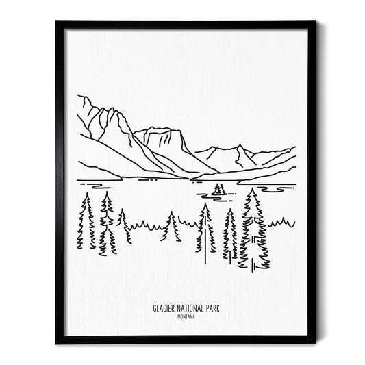 A line art drawing of Glacier National Park on white linen paper in a thin black picture frame
