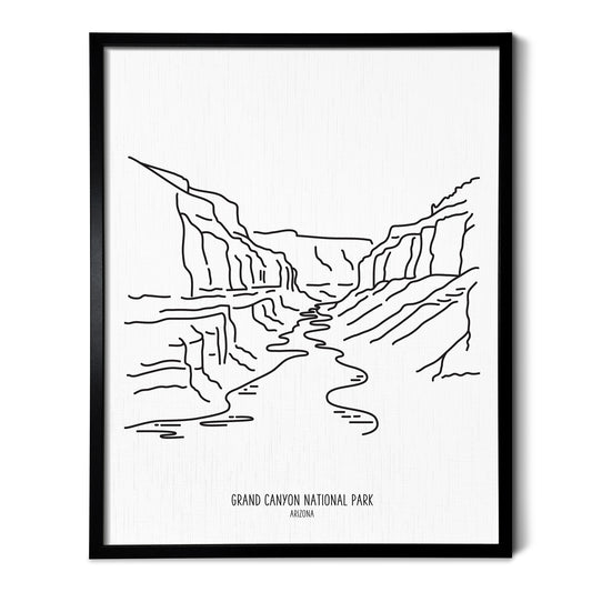 A line art drawing of Grand Canyon National Park on white linen paper in a thin black picture frame