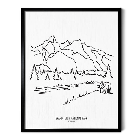 A line art drawing of Grand Teton National Park on white linen paper in a thin black picture frame