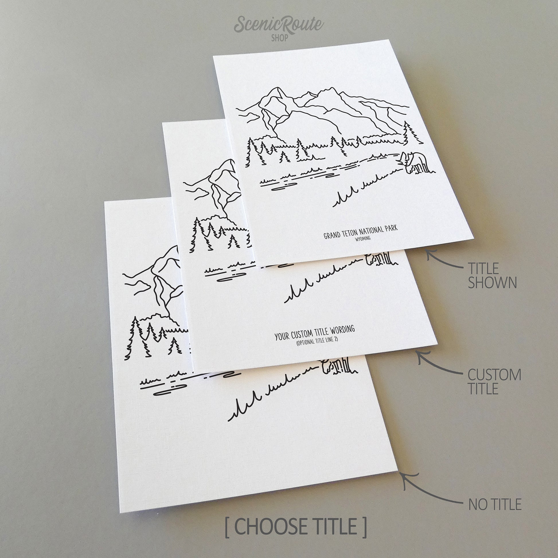 Three line art drawings of Grand Teton National Park on white linen paper with a gray background. The pieces are shown with title options that can be chosen and personalized.