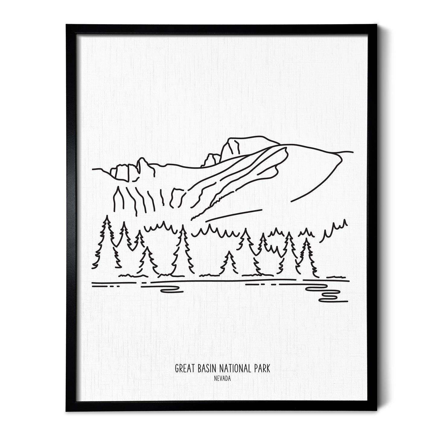 A line art drawing of Great Basin National Park on white linen paper in a thin black picture frame