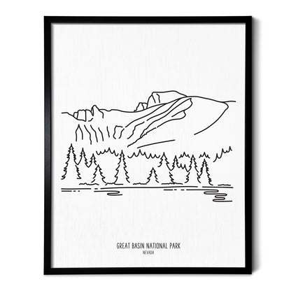 A line art drawing of Great Basin National Park on white linen paper in a thin black picture frame