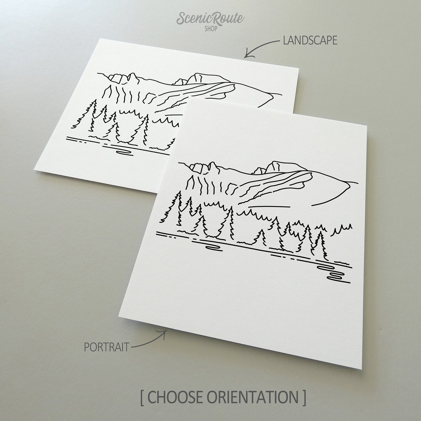 Two line art drawings of Great Basin National Park on white linen paper with a gray background.  The pieces are shown in portrait and landscape orientation for the available art print options.