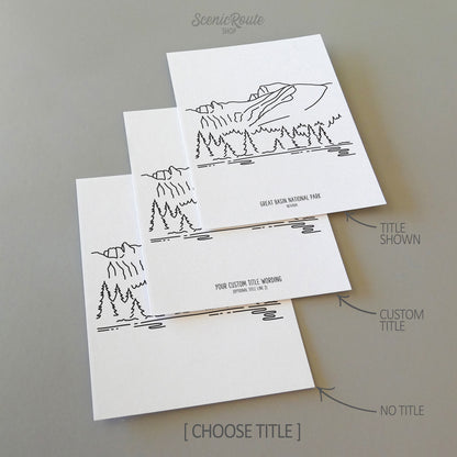 Three line art drawings of Great Basin National Park on white linen paper with a gray background. The pieces are shown with title options that can be chosen and personalized.