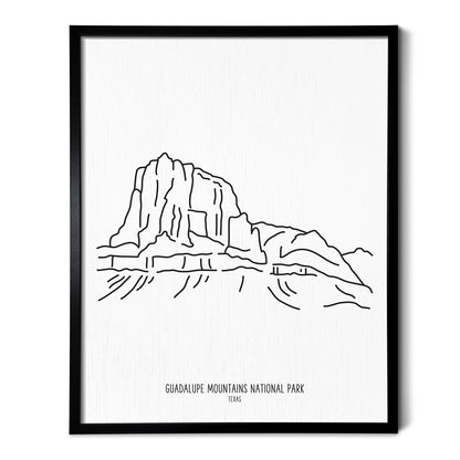 A line art drawing of Guadalupe Mountains National Park on white linen paper in a thin black picture frame