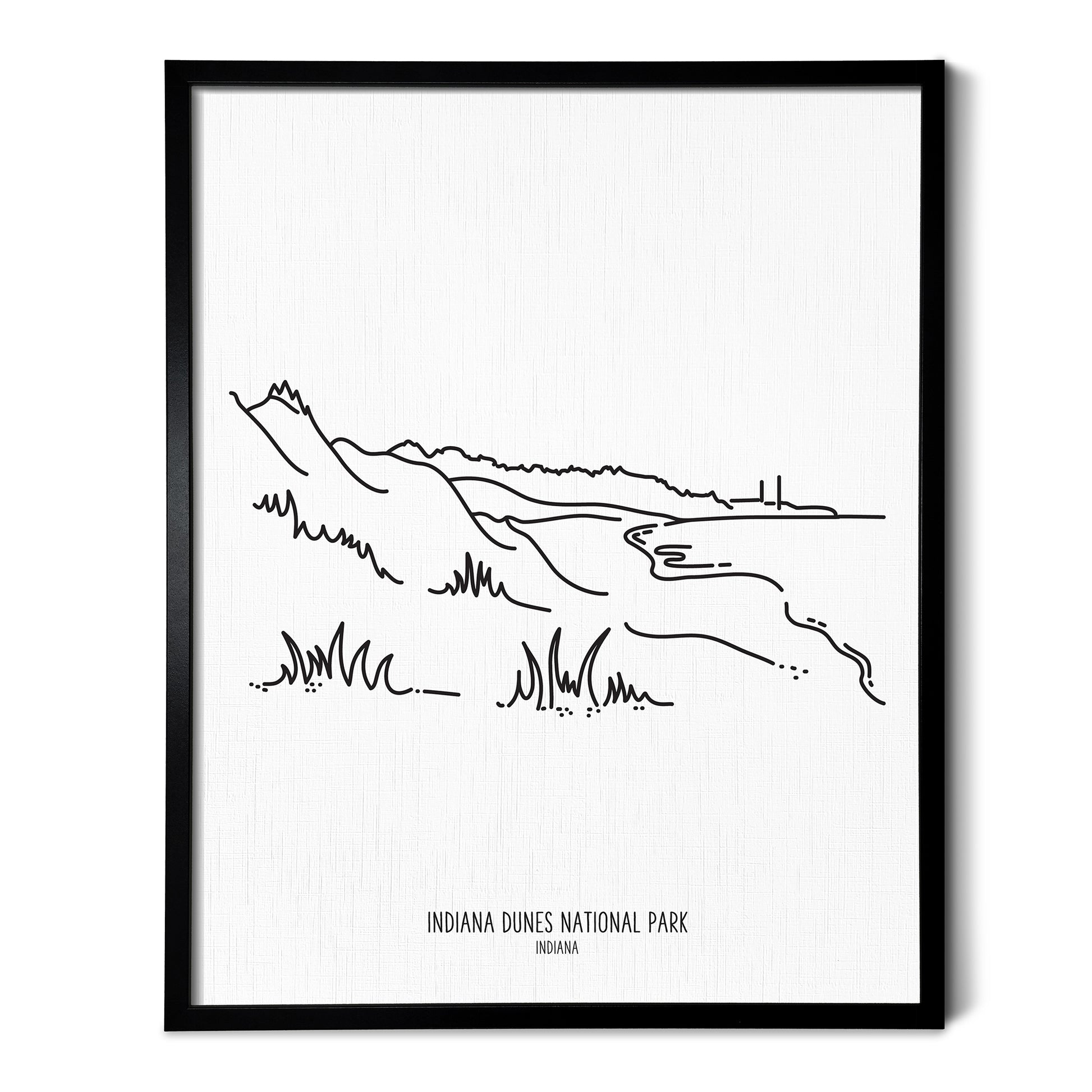 A line art drawing of Indiana Dunes National Park on white linen paper in a thin black picture frame
