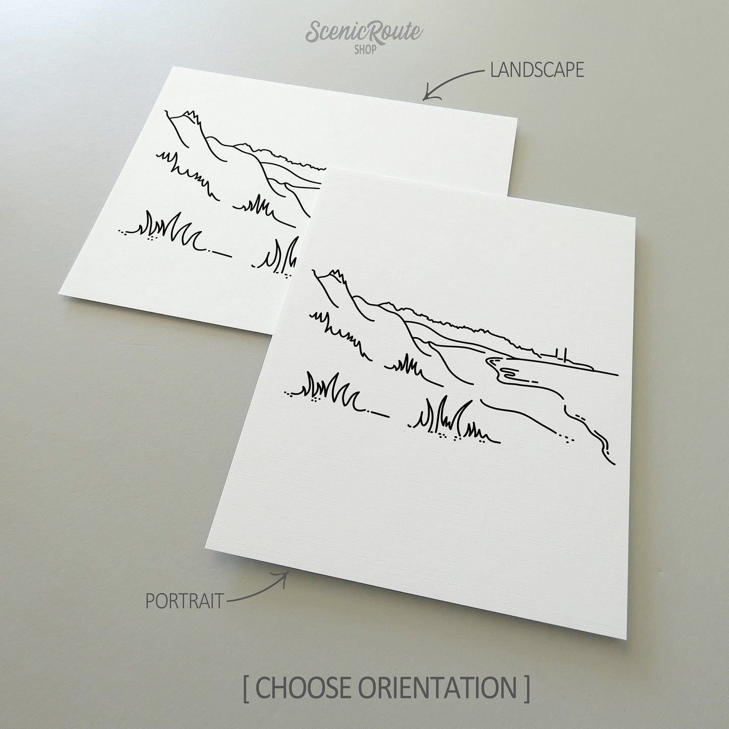 Two line art drawings of Indiana Dunes National Park on white linen paper with a gray background.  The pieces are shown in portrait and landscape orientation for the available art print options.