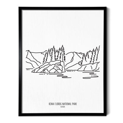 A line art drawing of Kenai Fjords National Park on white linen paper in a thin black picture frame