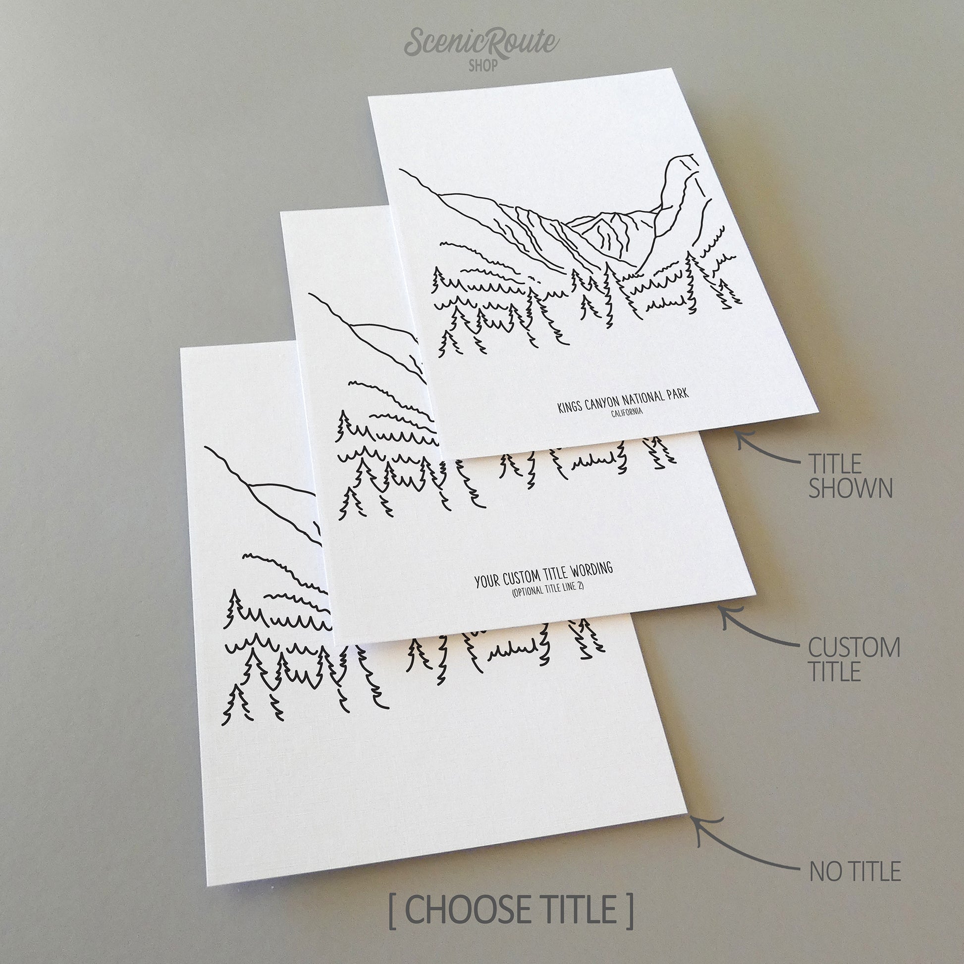 Three line art drawings of Kings Canyon National Park on white linen paper with a gray background. The pieces are shown with title options that can be chosen and personalized.