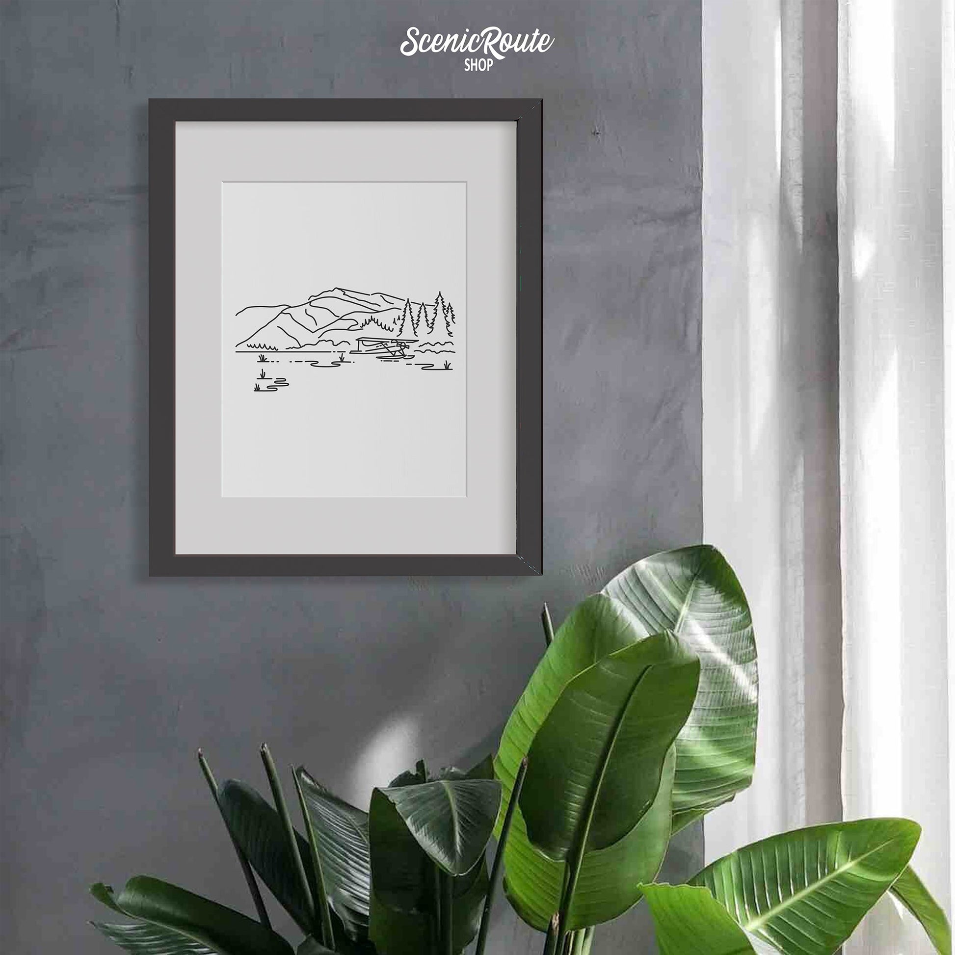 A framed line art drawing of Lake Clark National Park on a gray wall above a tropical plant