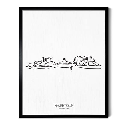 A line art drawing of Monument Valley Navajo Park on white linen paper in a thin black picture frame