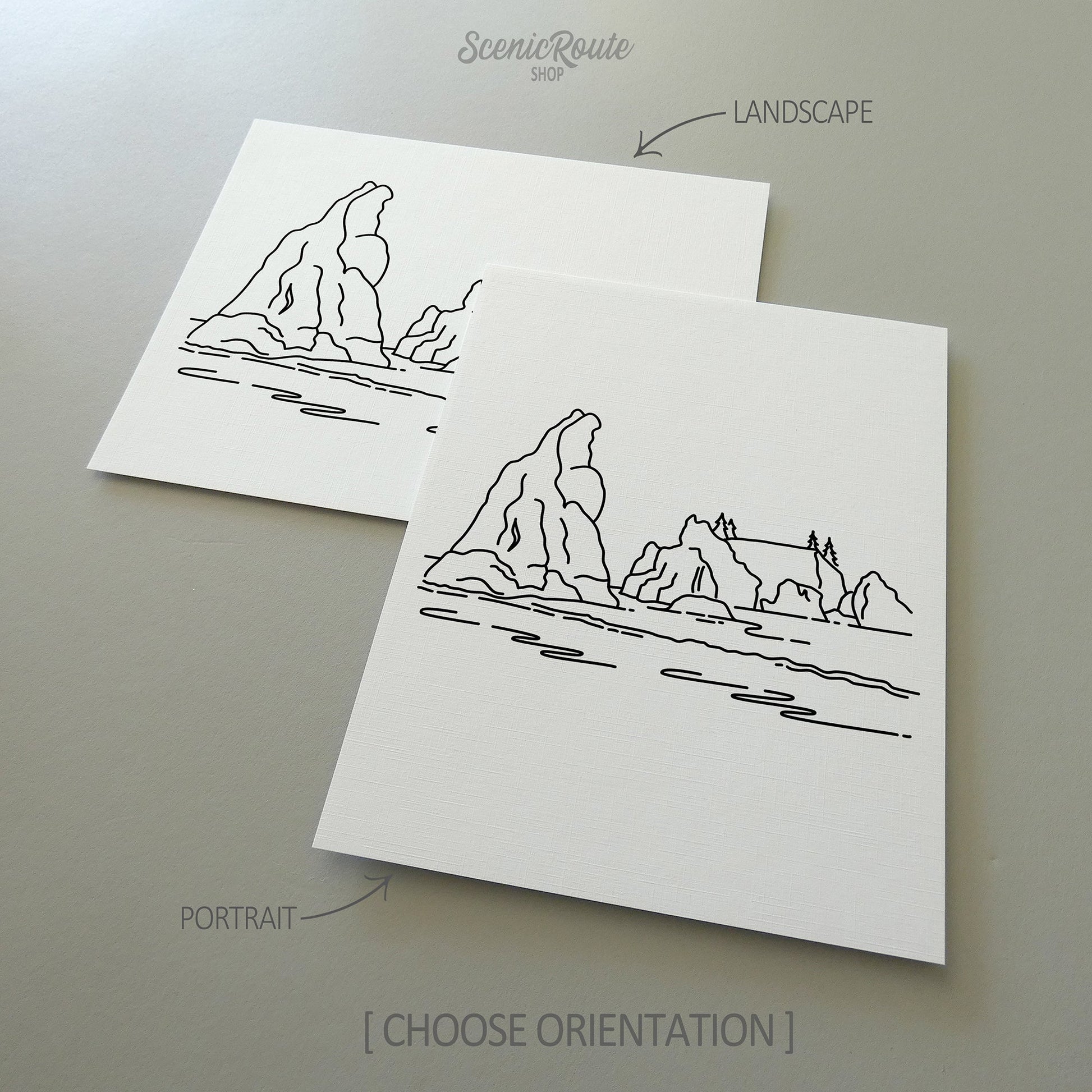 Two line art drawings of Olympic National Park on white linen paper with a gray background.  The pieces are shown in portrait and landscape orientation for the available art print options.