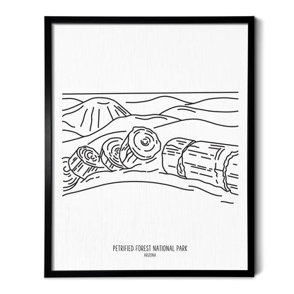 A line art drawing of Petrified Forest National Park on white linen paper in a thin black picture frame