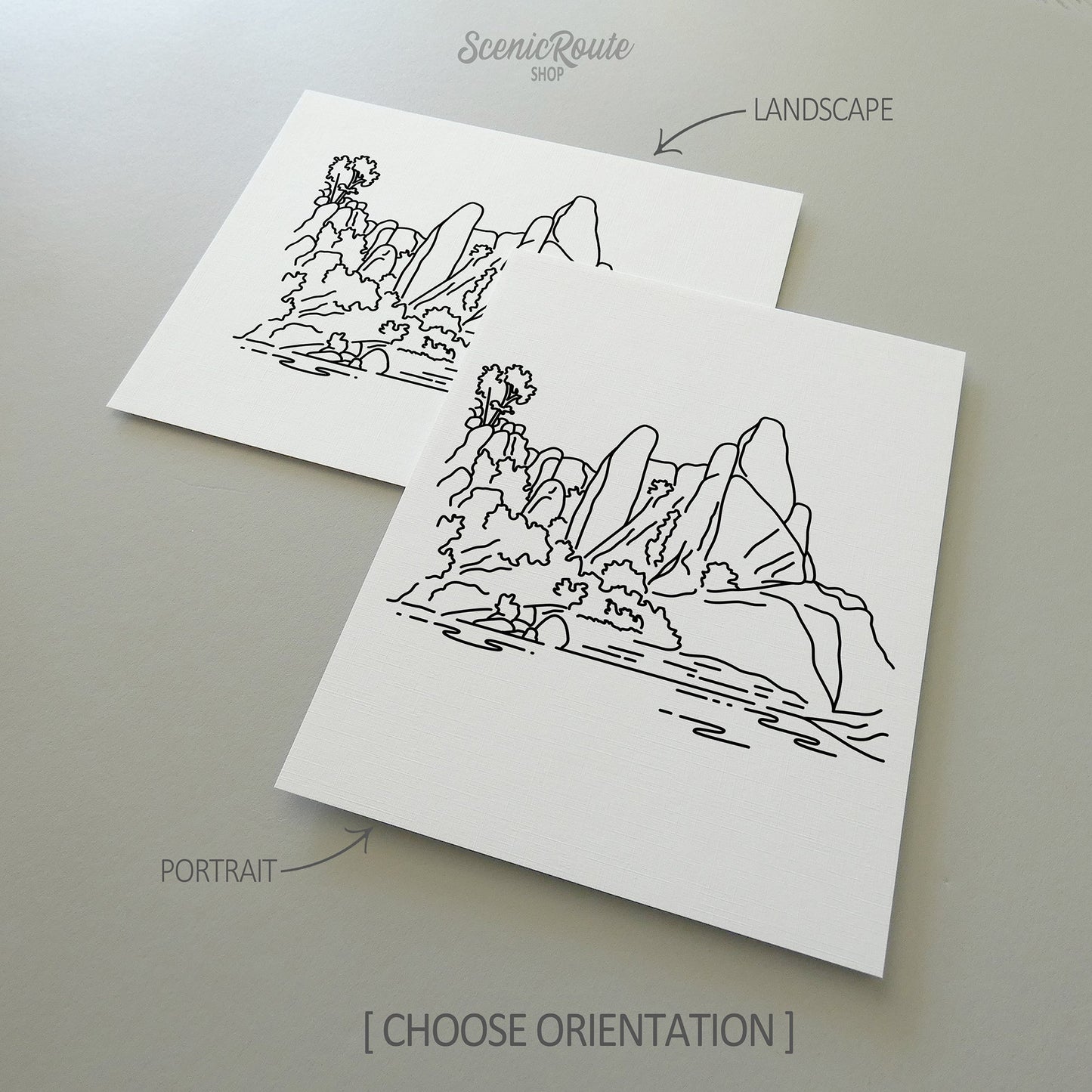 Two line art drawings of Pinnacles National Park on white linen paper with a gray background.  The pieces are shown in portrait and landscape orientation for the available art print options.