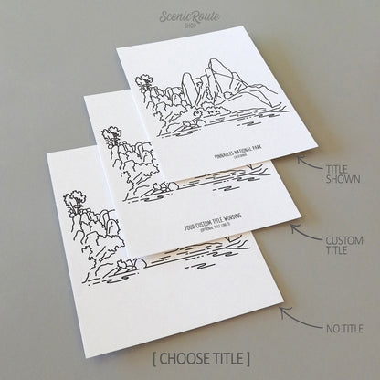 Three line art drawings of Pinnacles National Park on white linen paper with a gray background. The pieces are shown with title options that can be chosen and personalized.