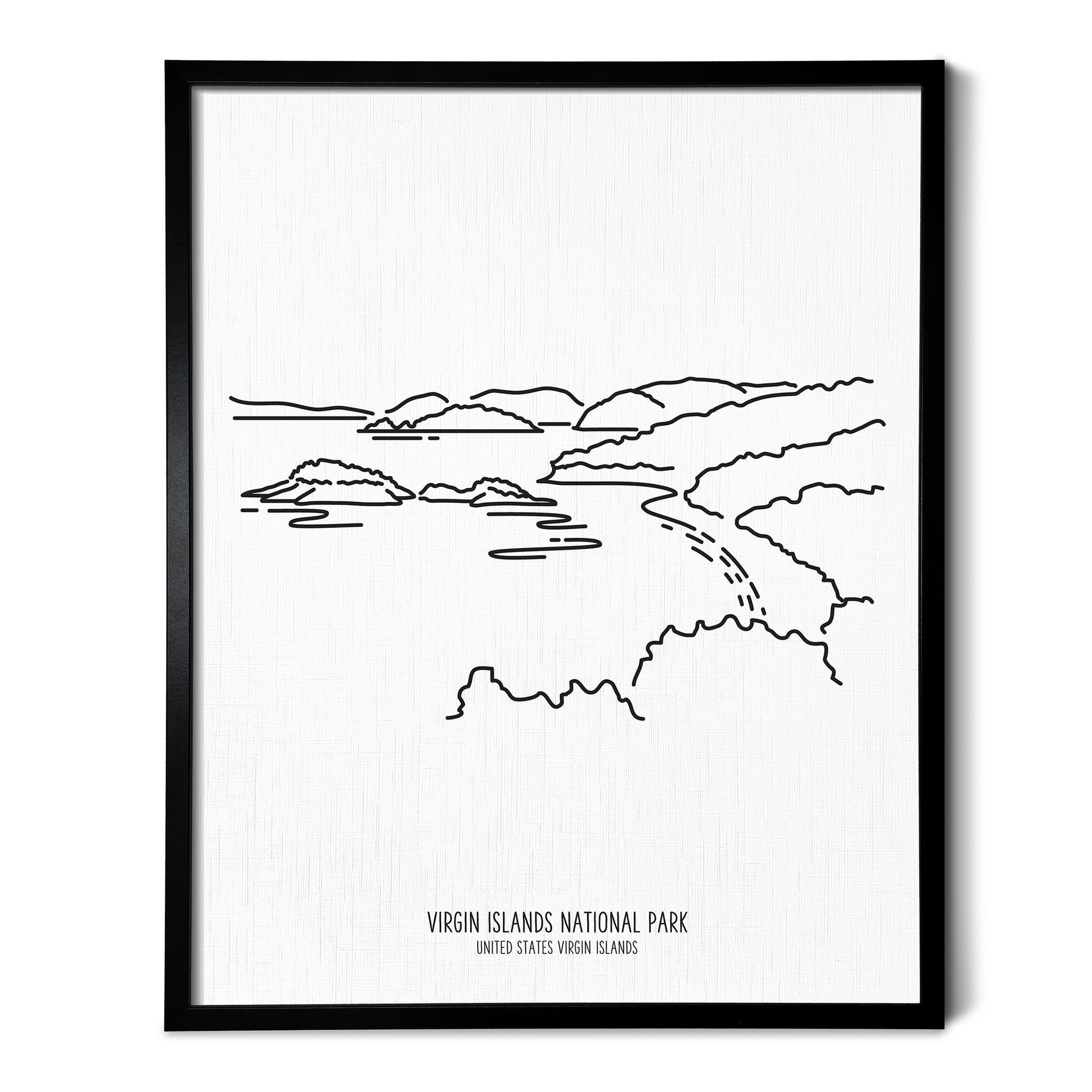 A line art drawing of Virgin Islands National Park on white linen paper in a thin black picture frame