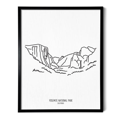 A line art drawing of Yosemite National Park on white linen paper in a thin black picture frame