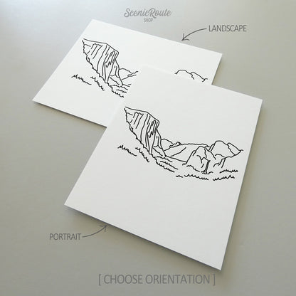 Two line art drawings of Yosemite National Park on white linen paper with a gray background.  The pieces are shown in portrait and landscape orientation for the available art print options.