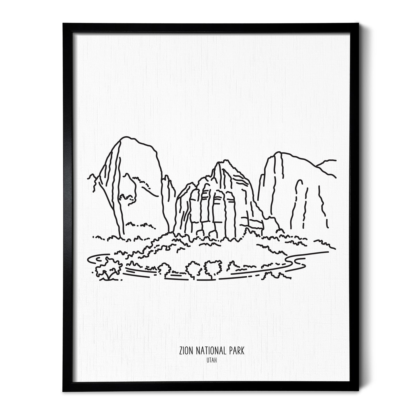 A line art drawing of Zion National Park on white linen paper in a thin black picture frame