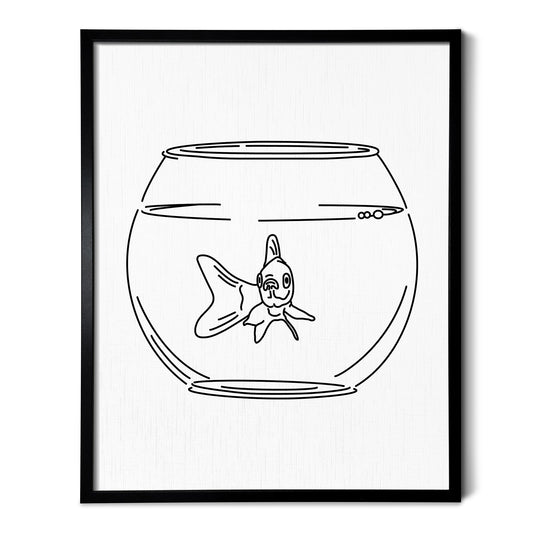 A line art drawing of a Goldfish on white linen paper in a thin black picture frame