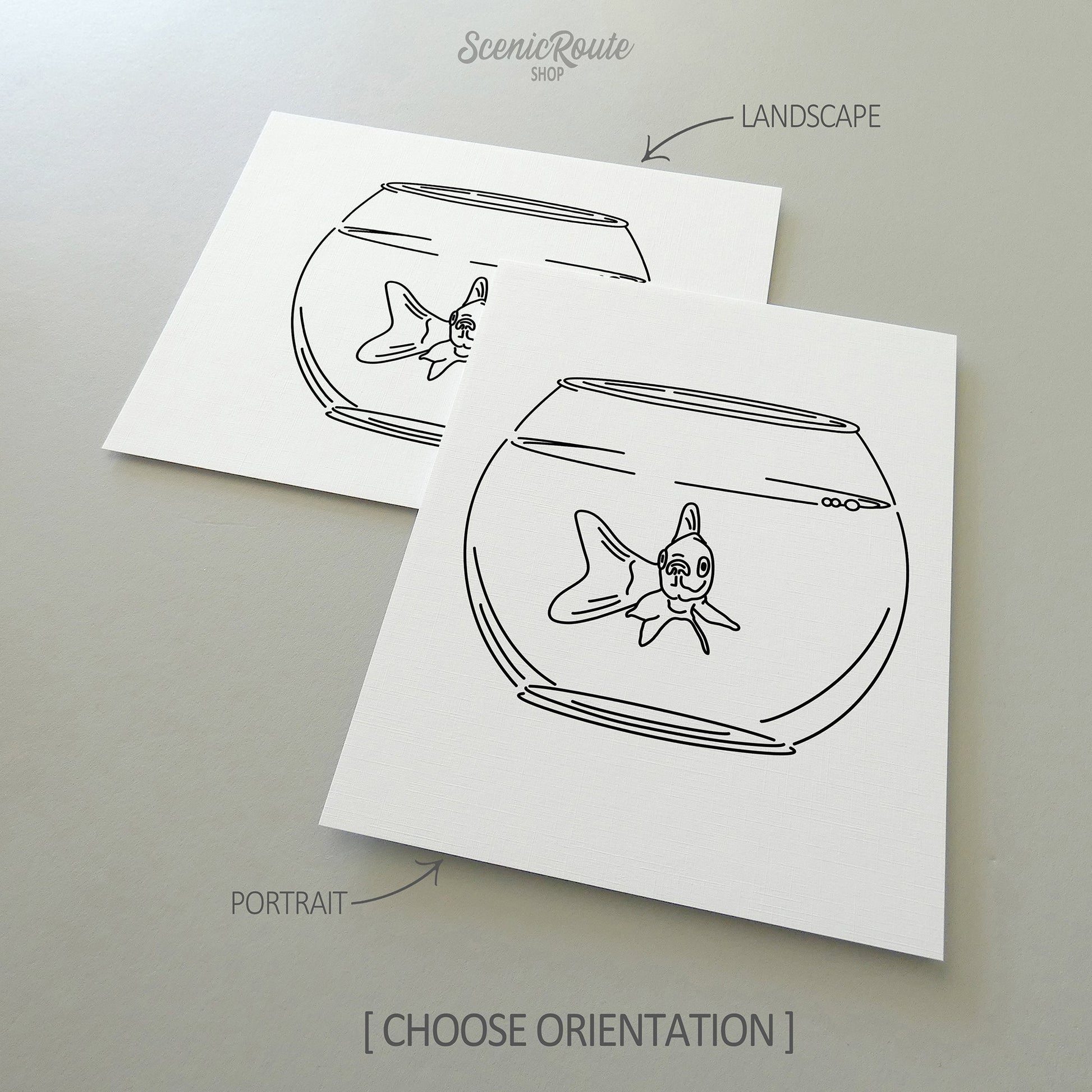 Two line art drawings of a Goldfish on white linen paper with a gray background.  The pieces are shown in portrait and landscape orientation for the available art print options.