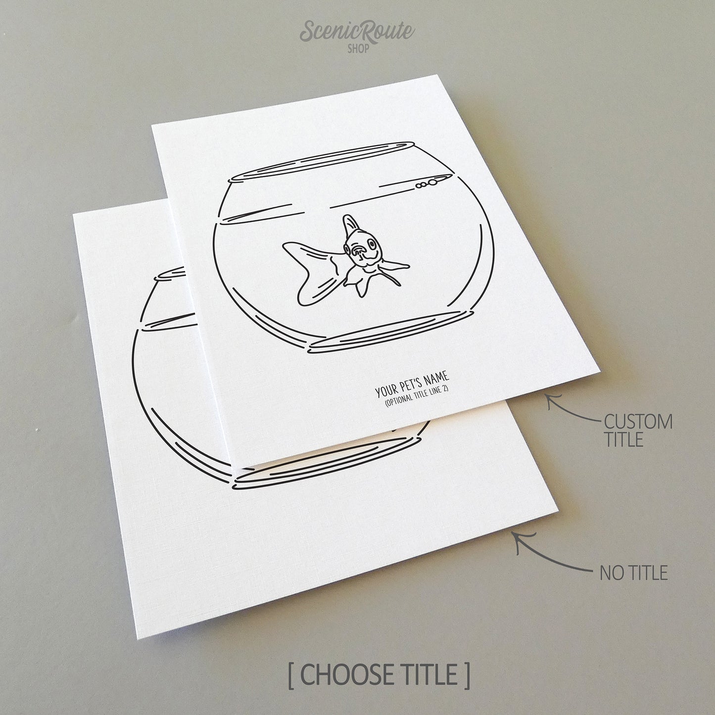 Two line art drawings of a Goldfish in a bowl on white linen paper with a gray background.  The pieces are shown with “No Title” and “Custom Title” options for the available art print options.