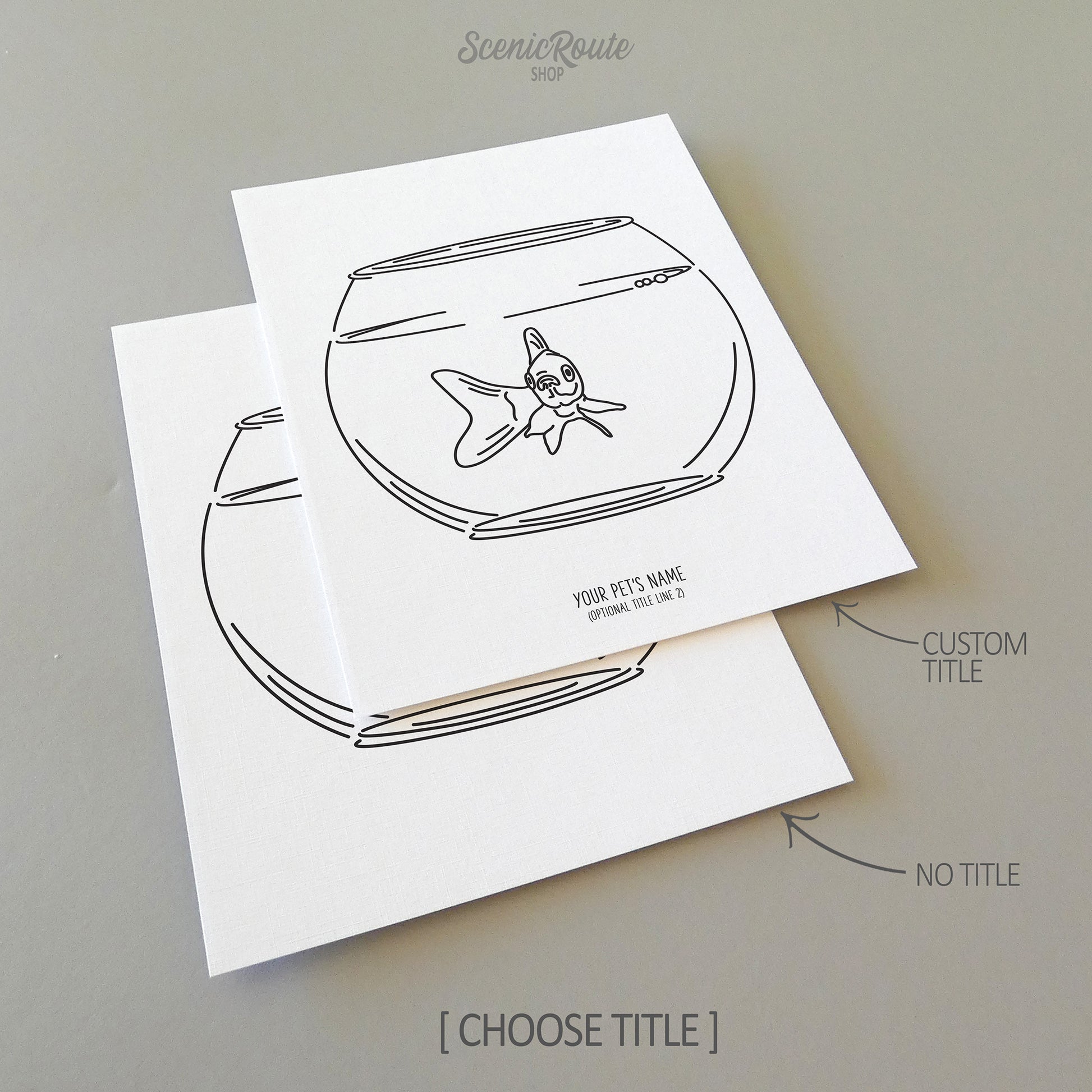 Two line art drawings of a Goldfish in a bowl on white linen paper with a gray background.  The pieces are shown with “No Title” and “Custom Title” options for the available art print options.