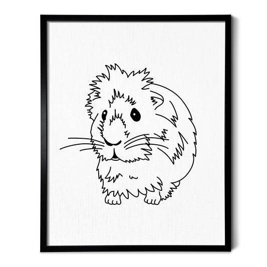 A line art drawing of a Guinea Pig on white linen paper in a thin black picture frame
