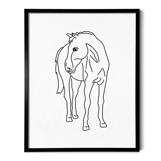 A line art drawing of a Horse on white linen paper in a thin black picture frame