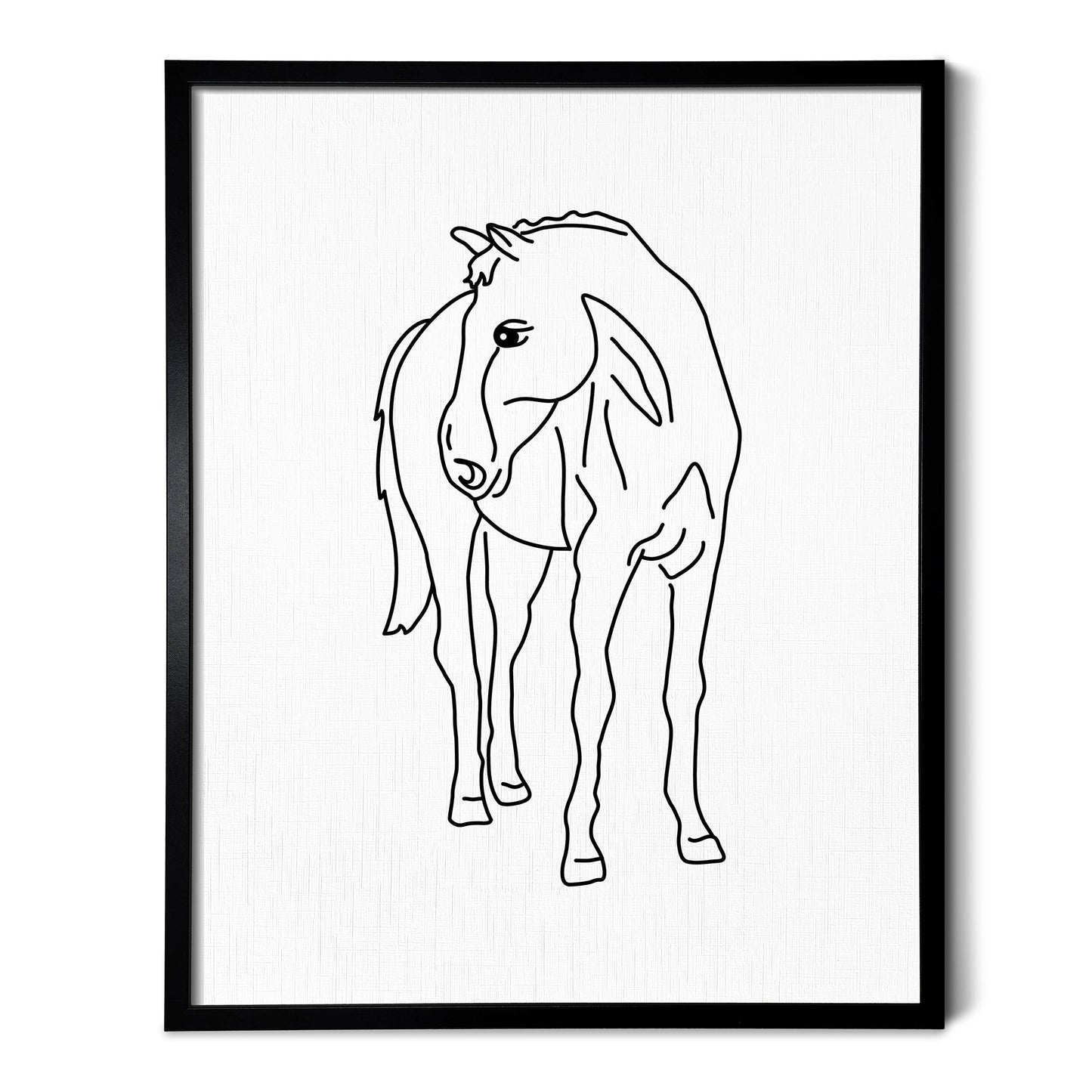 A line art drawing of a Horse on white linen paper in a thin black picture frame