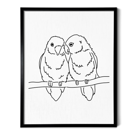 A line art drawing of a Love Birds on white linen paper in a thin black picture frame