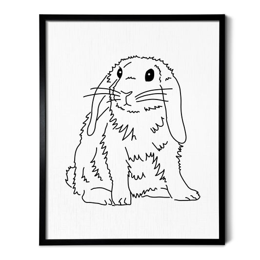 A line art drawing of a Mini Lop Rabbit on white linen paper in a thin black picture frame