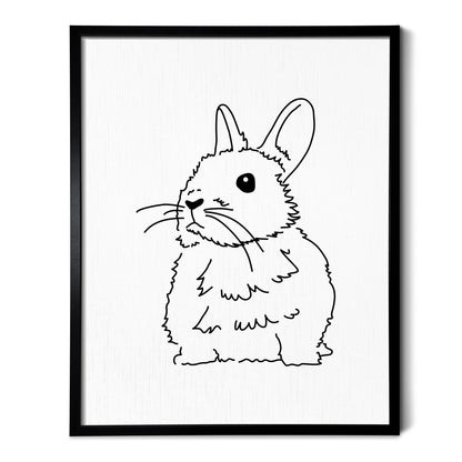 A line art drawing of a Netherland Dwarf Rabbit on white linen paper in a thin black picture frame