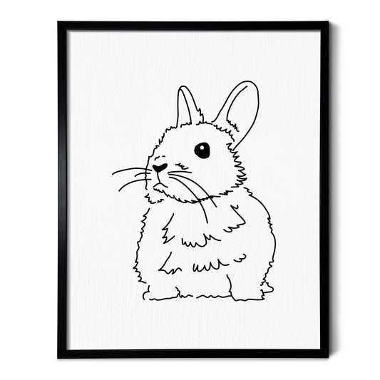 A line art drawing of a Netherland Dwarf Rabbit on white linen paper in a thin black picture frame