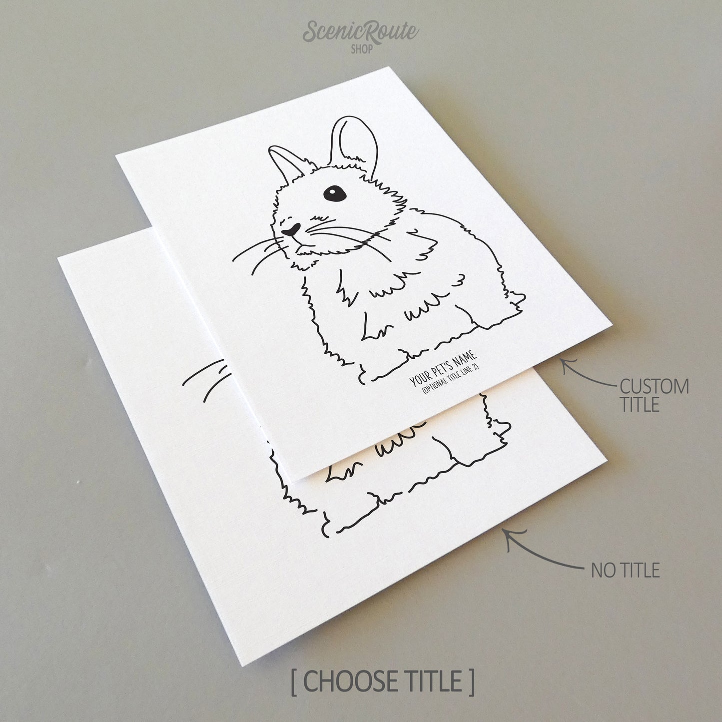Two line art drawings of a Netherland Dwarf Rabbit on white linen paper with a gray background.  The pieces are shown with “No Title” and “Custom Title” options for the available art print options.