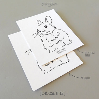 Two line art drawings of a Netherland Dwarf Rabbit on white linen paper with a gray background.  The pieces are shown with “No Title” and “Custom Title” options for the available art print options.