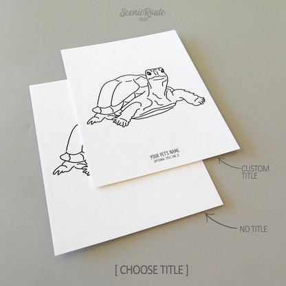 Two line art drawings of a Tortoise on white linen paper with a gray background.  The pieces are shown with “No Title” and “Custom Title” options for the available art print options.