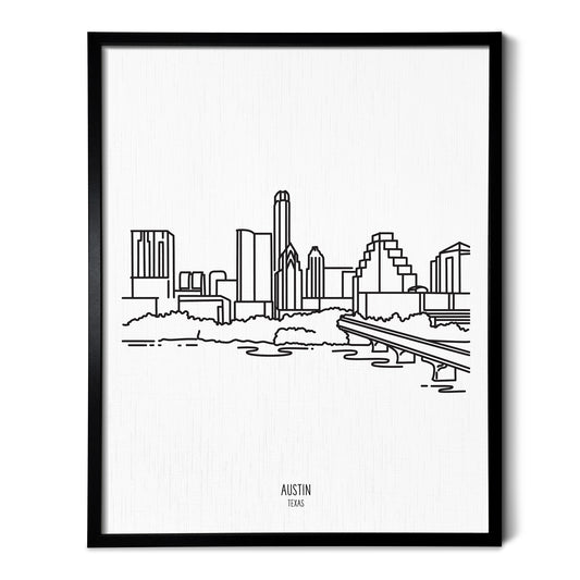 A line art drawing of the Austin Texas Skyline on white linen paper in a thin black picture frame