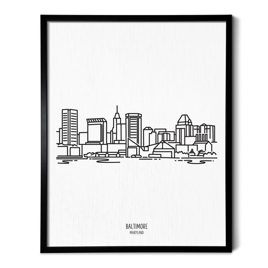 A line art drawing of the Baltimore Maryland Skyline on white linen paper in a thin black picture frame