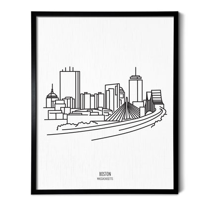 A line art drawing of the Boston Massachusetts Skyline on white linen paper in a thin black picture frame